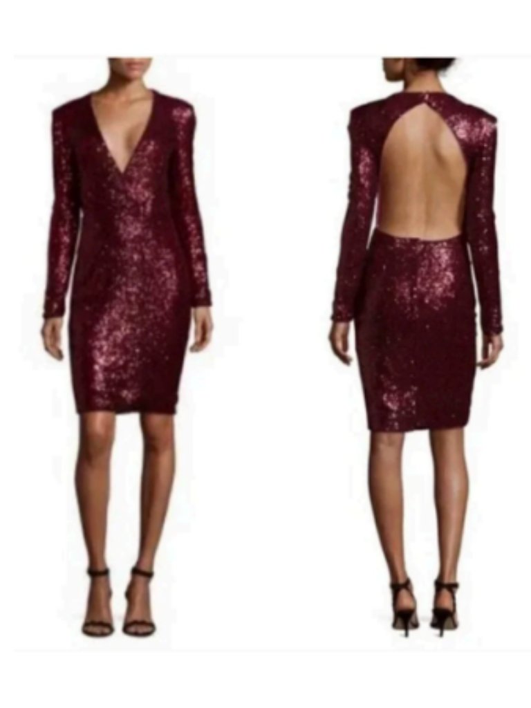 Fame And Partners Open Back Dark Red Sequin Midi Cocktail Dress Size 8